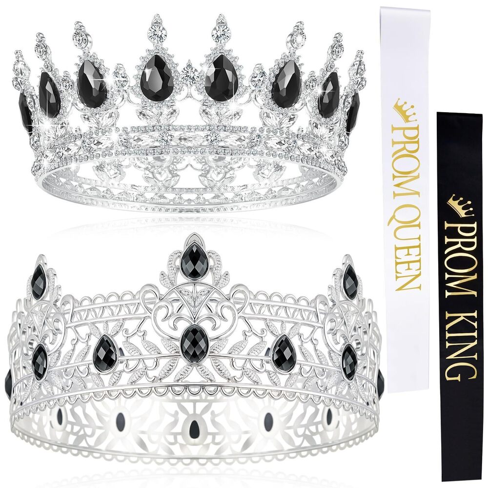 5548 4 Pieces Prom King and Queen Crowns Set with Sashes Halloween Birthday